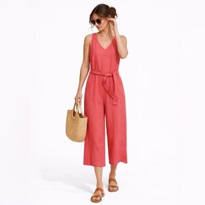 Lungo L'Arno Italian Linen Jumpsuit Coral Wide Leg Capri Tie Waist Sz S💛🍄